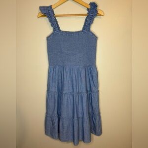 Women's JCrew Chambray Smocked Tiered Dress Size Small Ruffle Strap Cotton